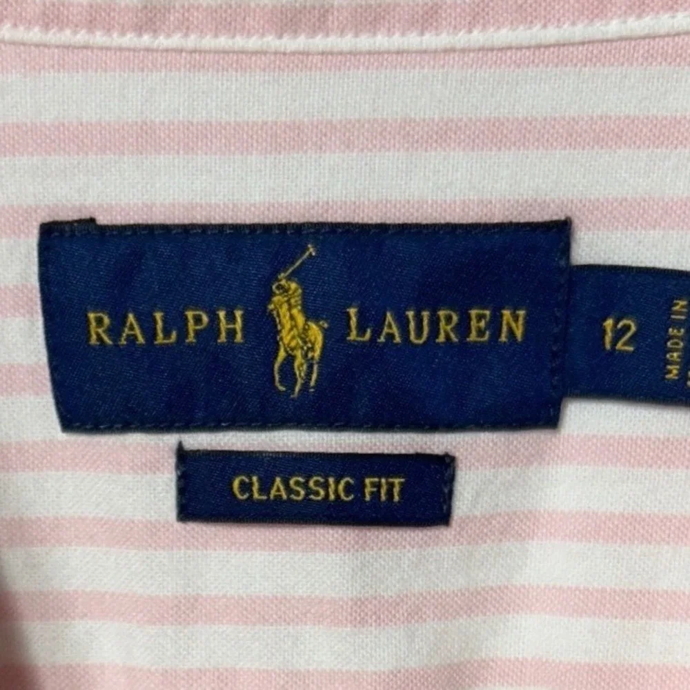 Ralph Lauren Boys Size 12 Classic Fit Pink White Striped Oxford Button Up Shirt